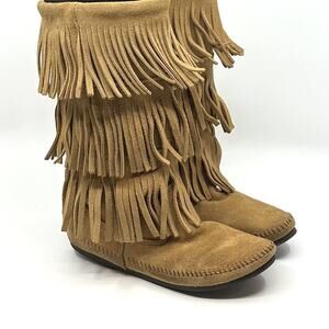 Minnetonka 100% Suede Leather Fringe Tall Moccasins Boots Size 8 -3 Tier